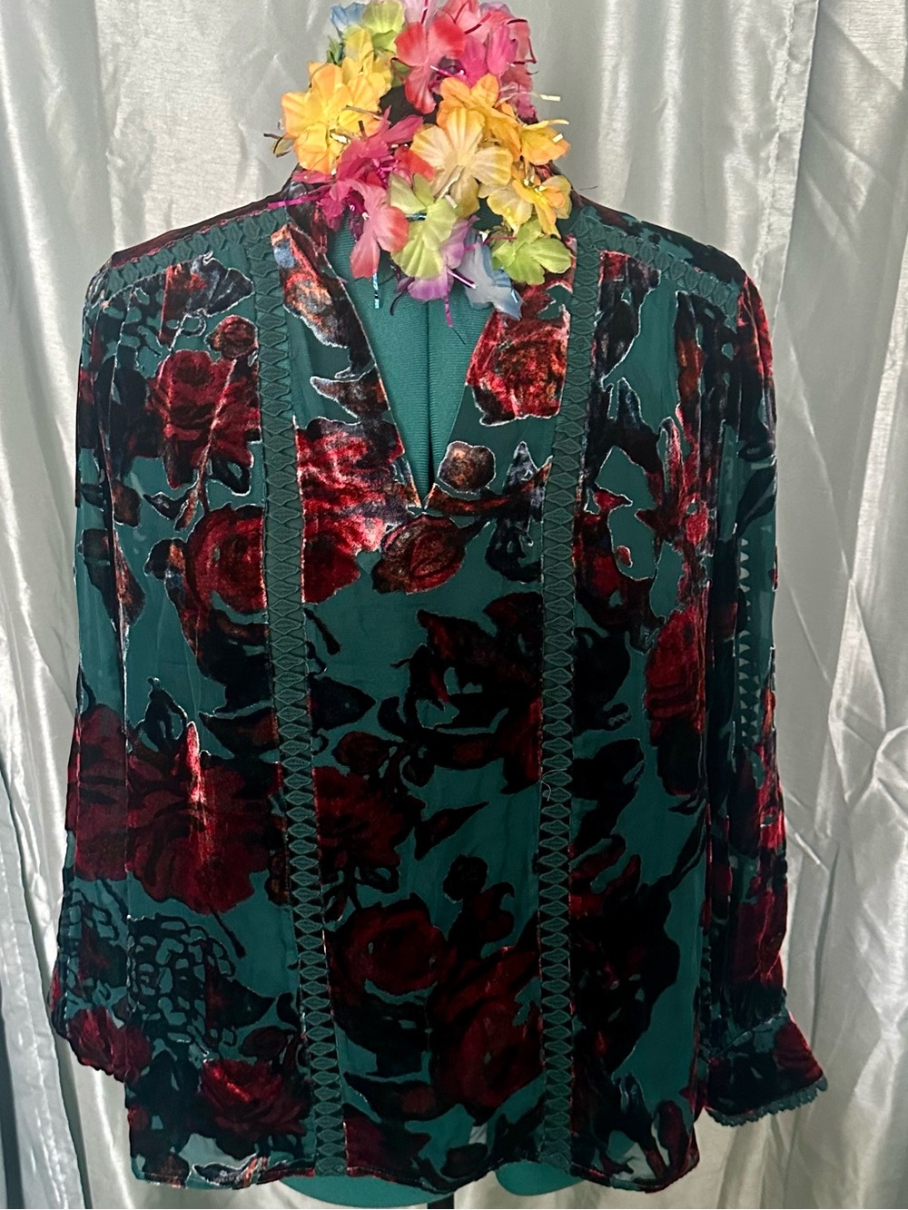 Sundance Velvet Burnout Floral Blouse in Teal and Wine XL